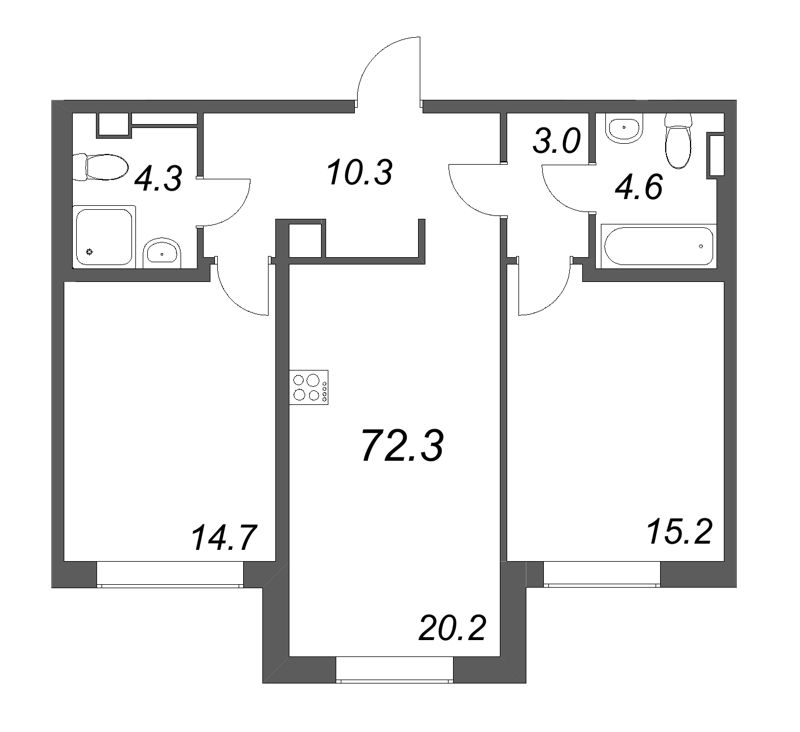 3-комнатная (Евро) квартира, 72.4 м² в ЖК "Визионер" - планировка, фото №1