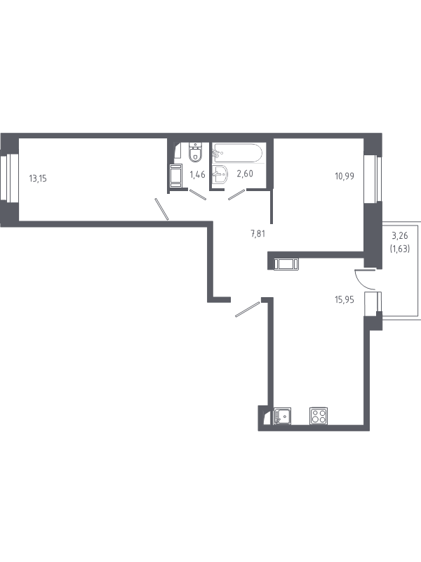 3-комнатная (Евро) квартира, 53.59 м² - планировка, фото №1