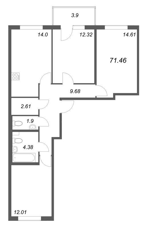 3-комнатная квартира, 71.46 м² - планировка, фото №1