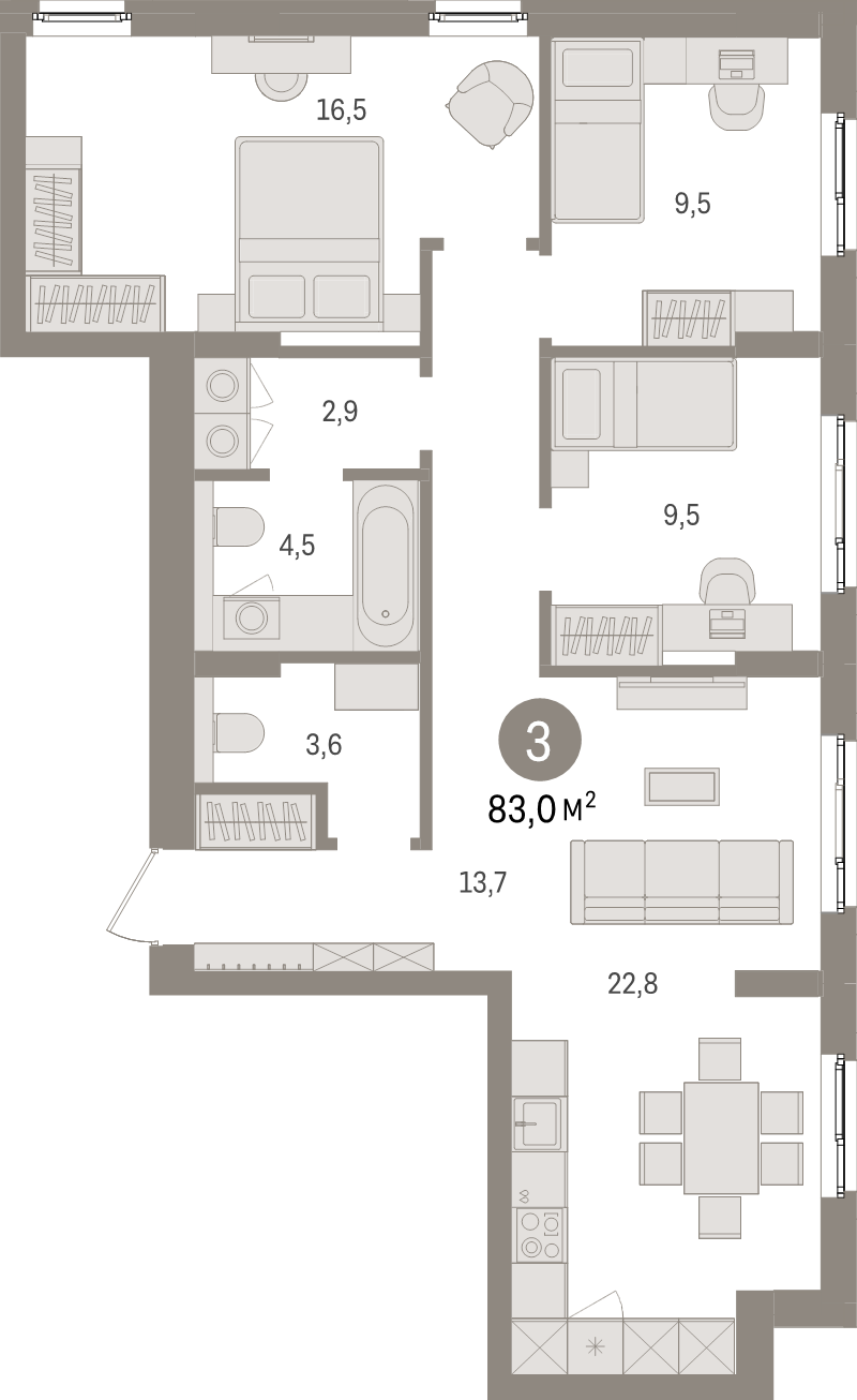 4-комнатная (Евро) квартира, 83 м² в ЖК "Брусника в Новоселье" - планировка, фото №1