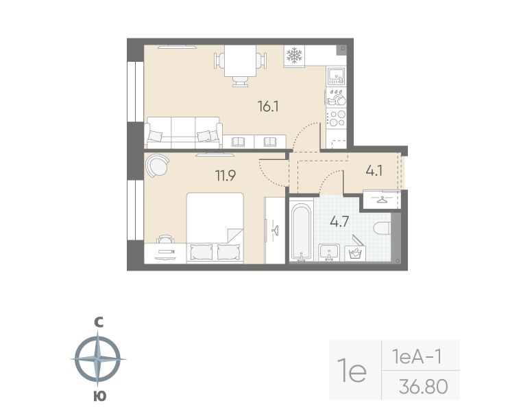 2-комнатная (Евро) квартира, 36.8 м² в ЖК "Большая Охта" - планировка, фото №1