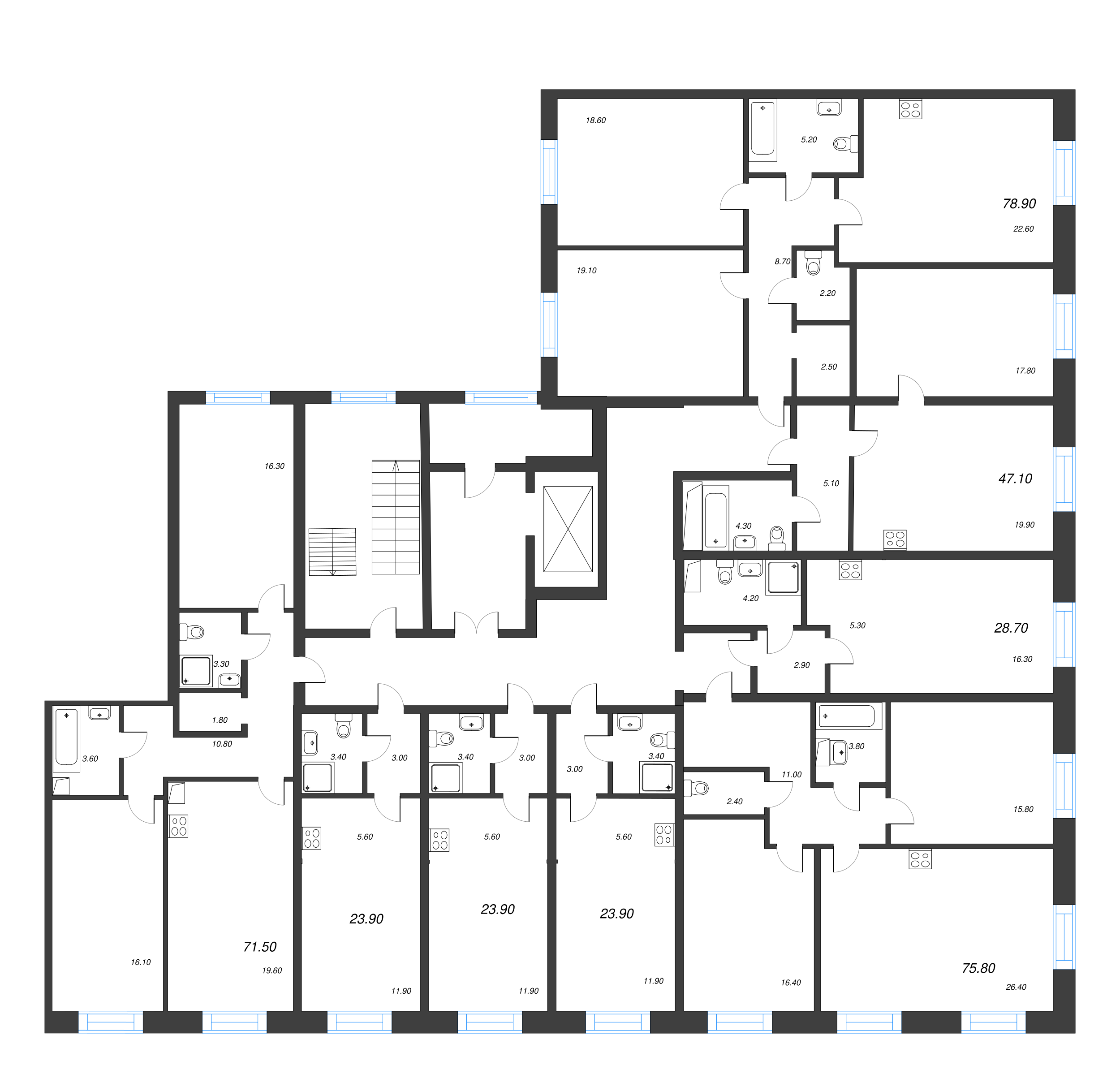 3-комнатная (Евро) квартира, 78.9 м² - планировка этажа