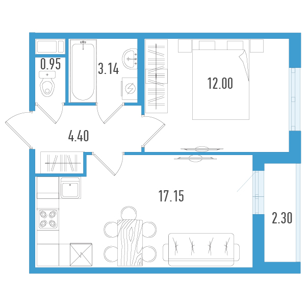 2-комнатная (Евро) квартира, 38.79 м² - планировка, фото №1