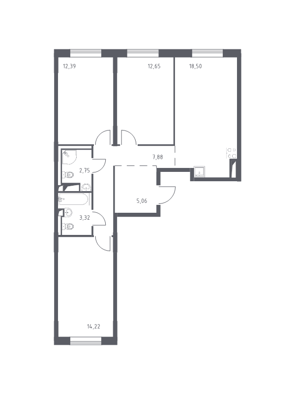 4-комнатная (Евро) квартира, 76.77 м² - планировка, фото №1