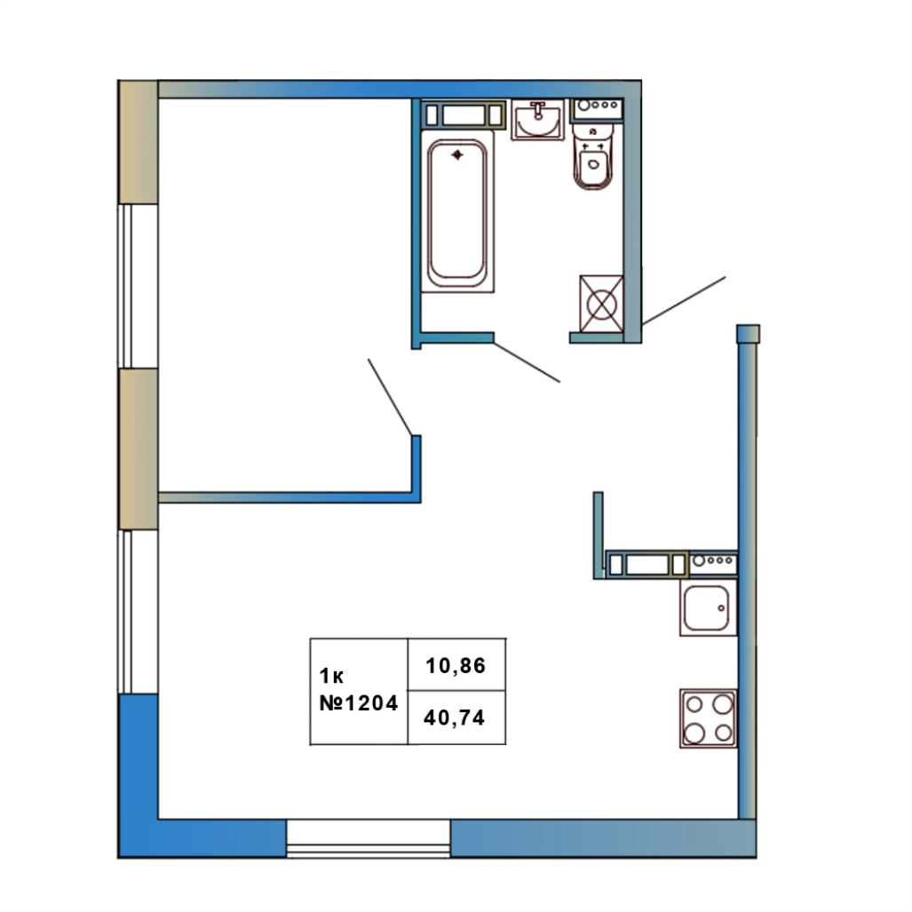 1-комнатная квартира, 40.74 м² в ЖК "Атмосфера Выборга" - планировка, фото №1