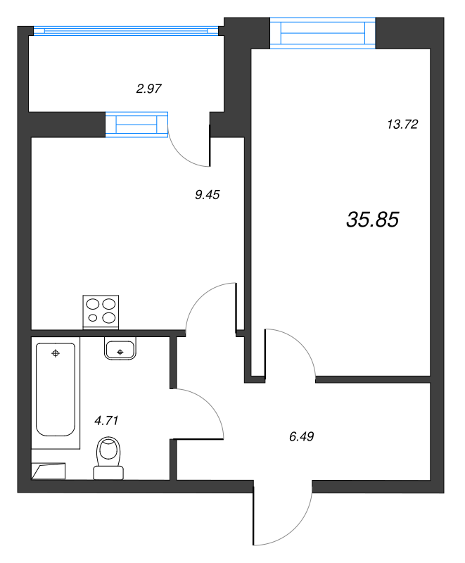 1-комнатная квартира, 35.85 м² - планировка, фото №1