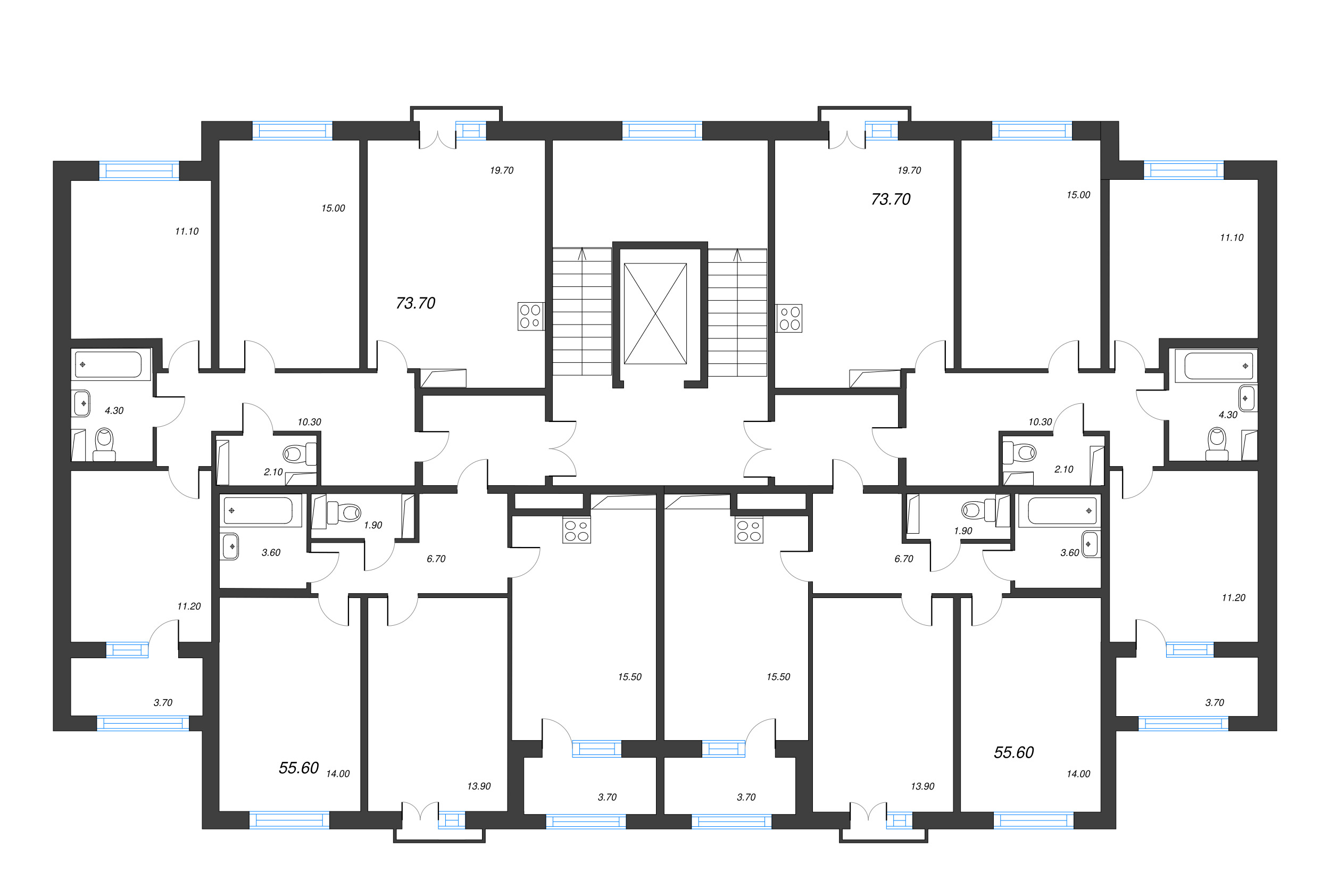 4-комнатная (Евро) квартира, 73.7 м² в ЖК "Дубровский" - планировка этажа