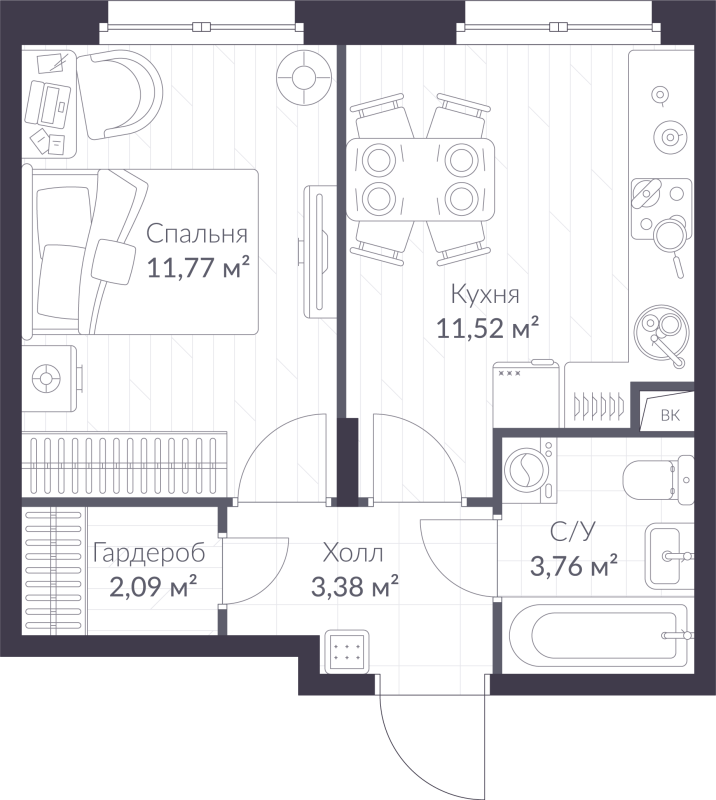 1-комнатная квартира, 32.52 м² - планировка, фото №1