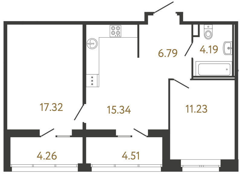 3-комнатная (Евро) квартира, 54.87 м² в ЖК "Ultra City 3.0" - планировка, фото №1