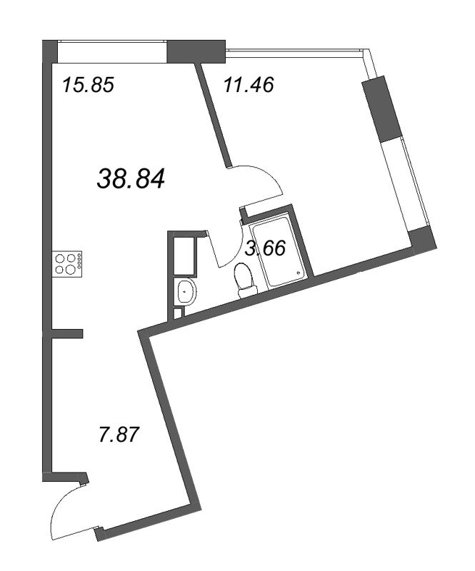 2-комнатная (Евро) квартира, 38.84 м² в ЖК "17/33 Петровский остров" - планировка, фото №1