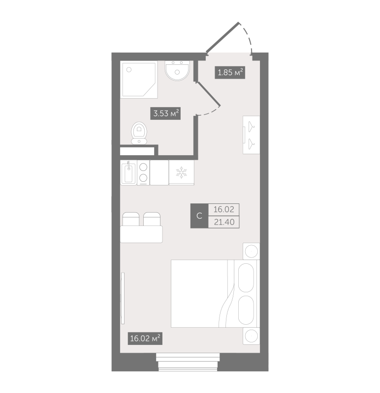 Квартира-студия, 21.4 м² в ЖК "Zoom Черная речка" - планировка, фото №1