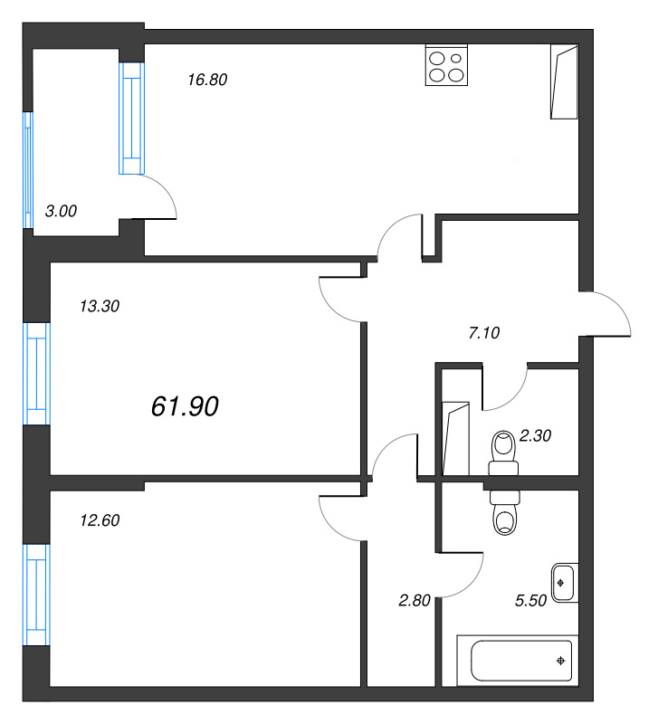 3-комнатная (Евро) квартира, 61.9 м² - планировка, фото №1