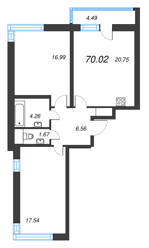 3-комнатная (Евро) квартира, 70.02 м² - планировка, фото №1