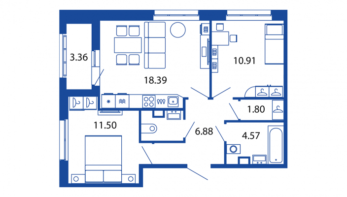 3-комнатная (Евро) квартира, 56.42 м² - планировка, фото №1