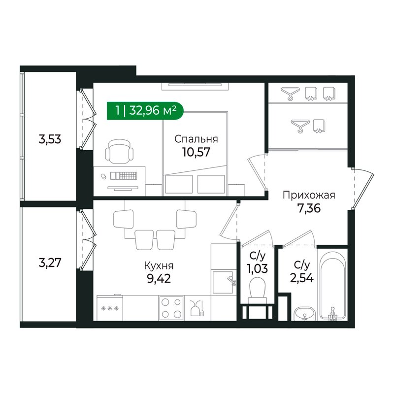 1-комнатная квартира, 30.6 м² в ЖК "Сертолово Парк" - планировка, фото №1