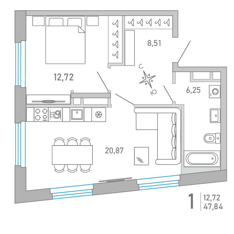 2-комнатная (Евро) квартира, 47.87 м² - планировка, фото №1