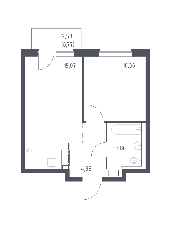2-комнатная (Евро) квартира, 34.44 м² в ЖК "Квартал Торики" - планировка, фото №1