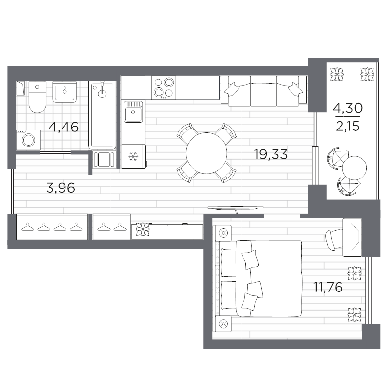 2-комнатная (Евро) квартира, 41.66 м² в ЖК "Сезоны" - планировка, фото №1