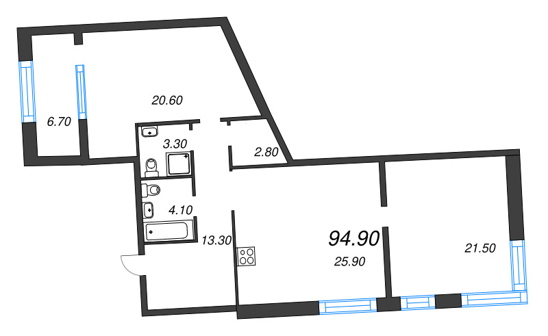 3-комнатная (Евро) квартира, 94.9 м² в ЖК "ЛДМ" - планировка, фото №1