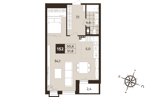 Квартира-студия, 50.6 м² в ЖК "Дом на Бронницкой" - планировка, фото №1