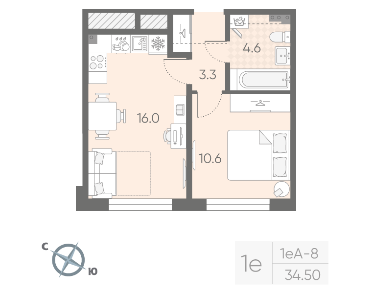1-комнатная квартира, 34.5 м² в ЖК "Пулково Lake" - планировка, фото №1
