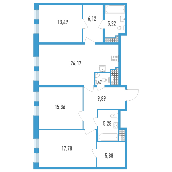 3-комнатная квартира, 104.66 м² - планировка, фото №1