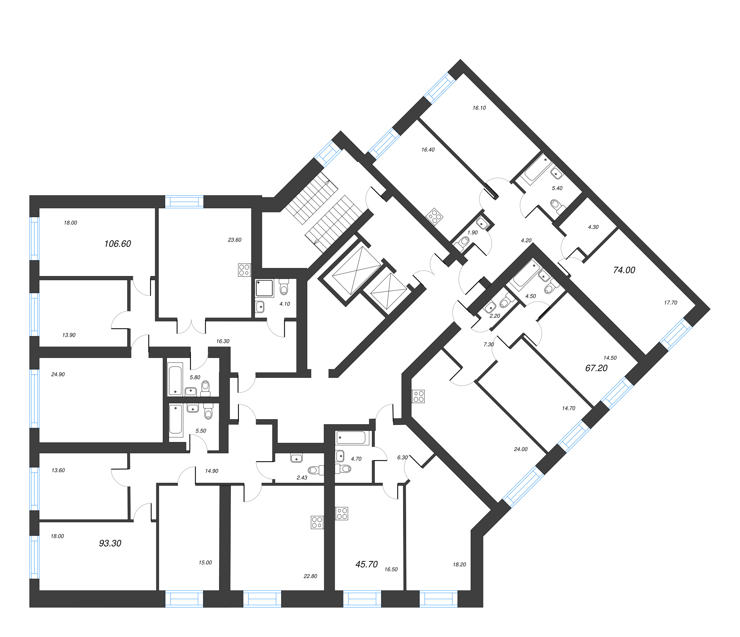 1-комнатная квартира, 45.7 м² в ЖК "Листва" - планировка этажа