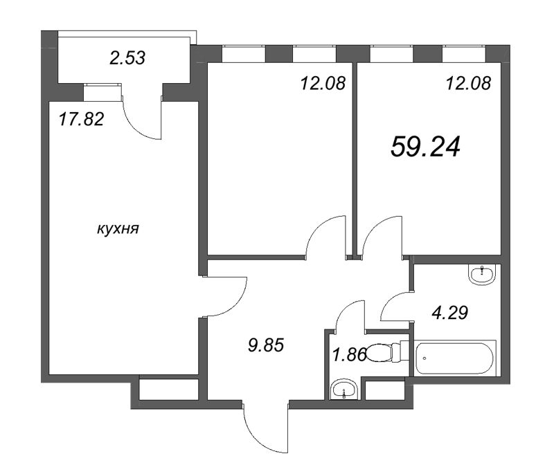 3-комнатная (Евро) квартира, 59.24 м² - планировка, фото №1