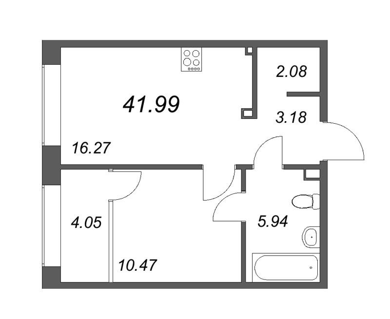 2-комнатная (Евро) квартира, 41.99 м² - планировка, фото №1