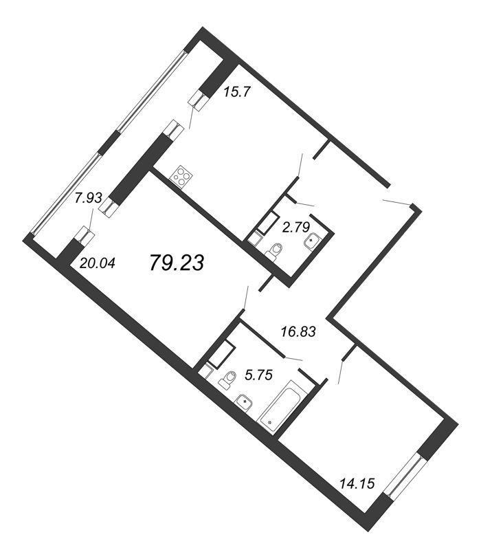 2-комнатная квартира, 79.23 м² - планировка, фото №1