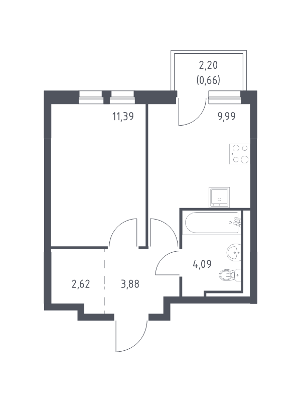 1-комнатная квартира, 32.63 м² - планировка, фото №1