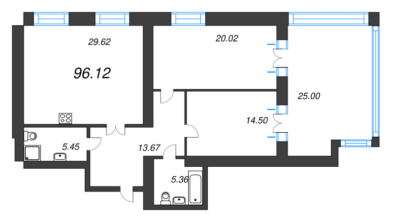 2-комнатная квартира, 96.3 м² в ЖК "Листва" - планировка, фото №1