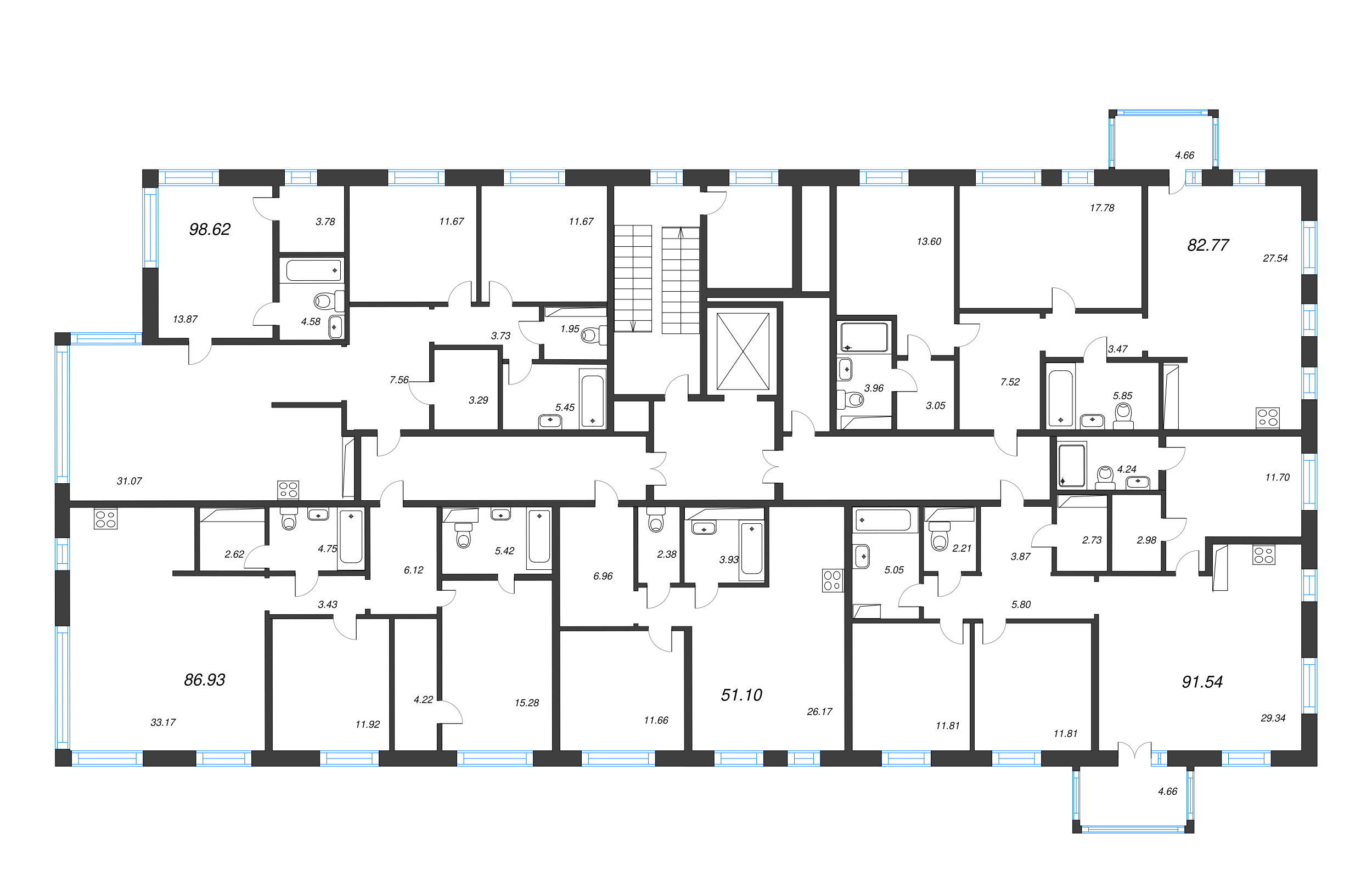 3-комнатная (Евро) квартира, 87.7 м² в ЖК "Черная речка, 41" - планировка этажа