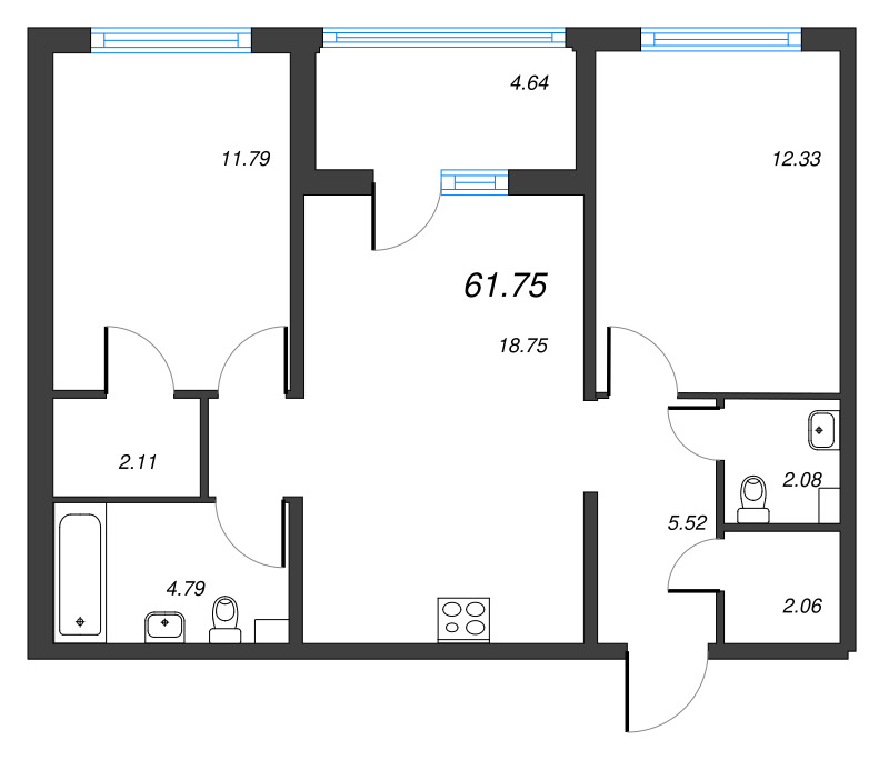 3-комнатная (Евро) квартира, 61.75 м² - планировка, фото №1
