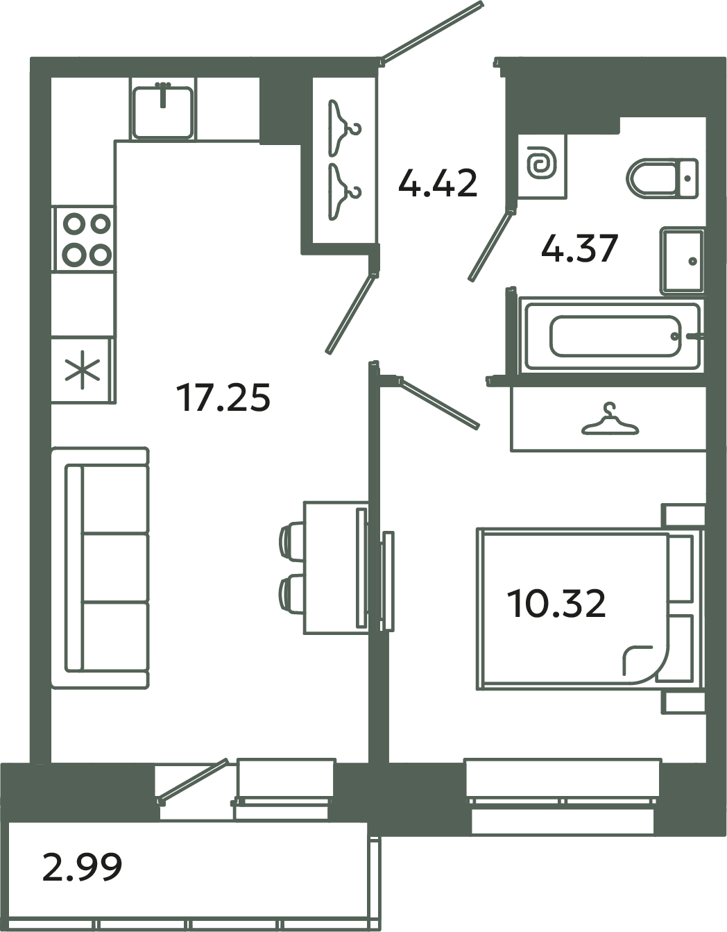 2-комнатная (Евро) квартира, 37.26 м² в ЖК "Загляденье" - планировка, фото №1