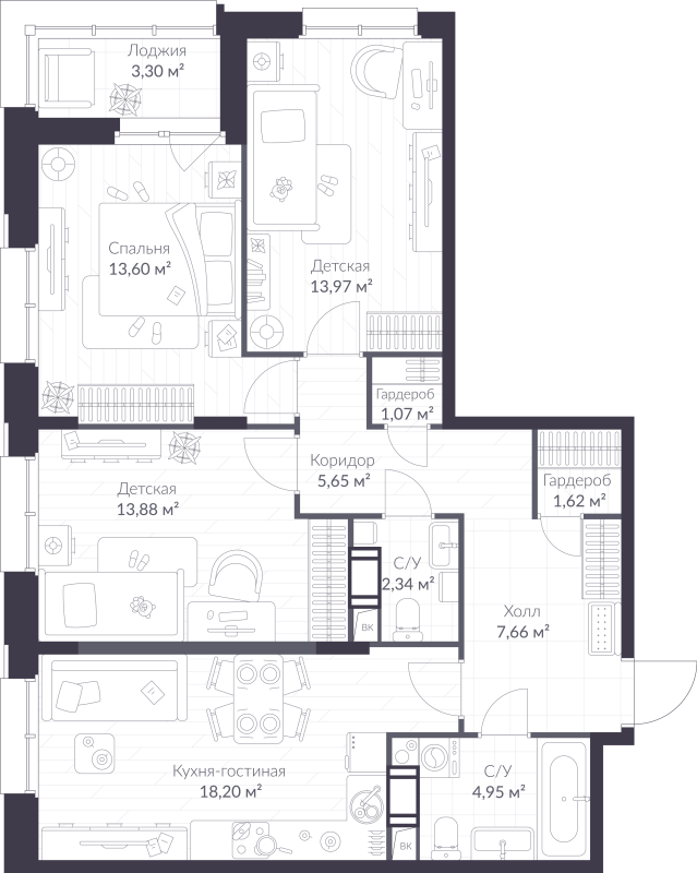 4-комнатная (Евро) квартира, 84.59 м² в ЖК "VEREN NORT сертолово" - планировка, фото №1