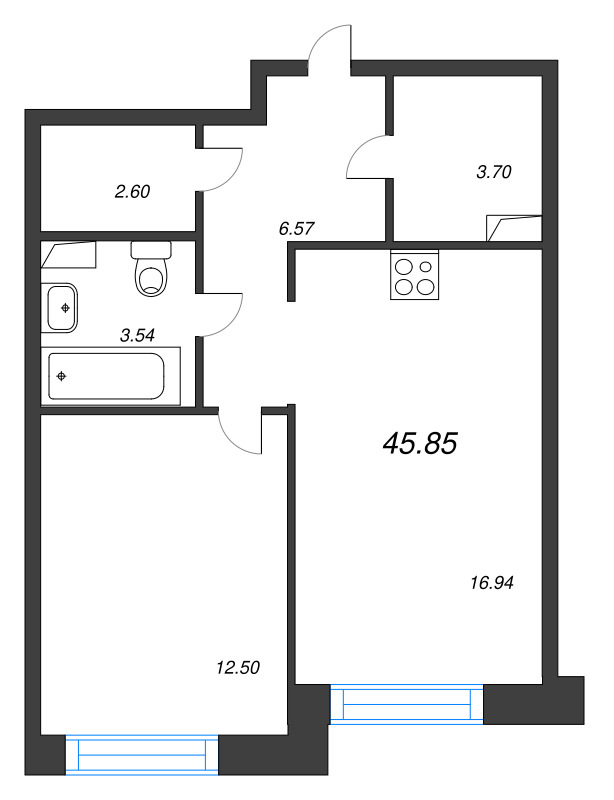 2-комнатная (Евро) квартира, 45.85 м² в ЖК "Остров Первых" - планировка, фото №1