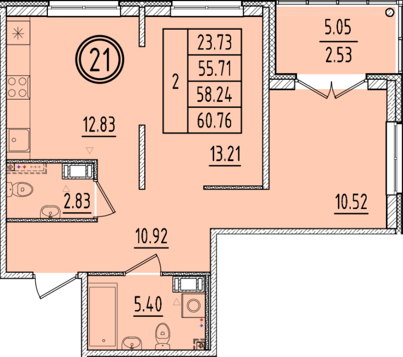2-комнатная квартира, 55.71 м² в ЖК "Образцовый квартал 6.4" - планировка, фото №1
