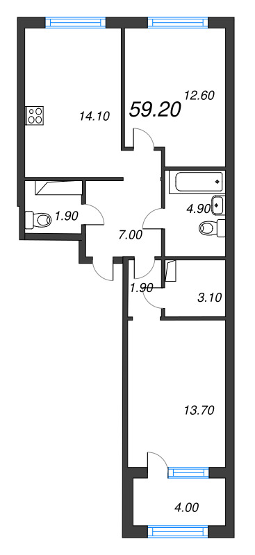 2-комнатная квартира, 59.2 м² в ЖК "Струны" - планировка, фото №1