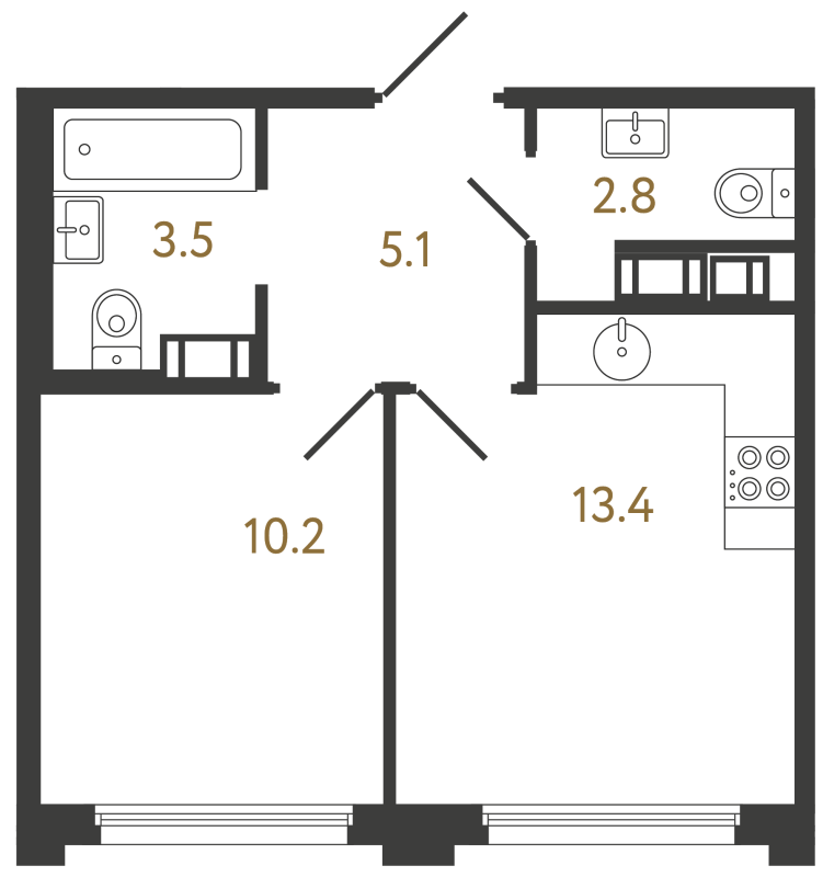 1-комнатная квартира, 35 м² в ЖК "Гений" - планировка, фото №1