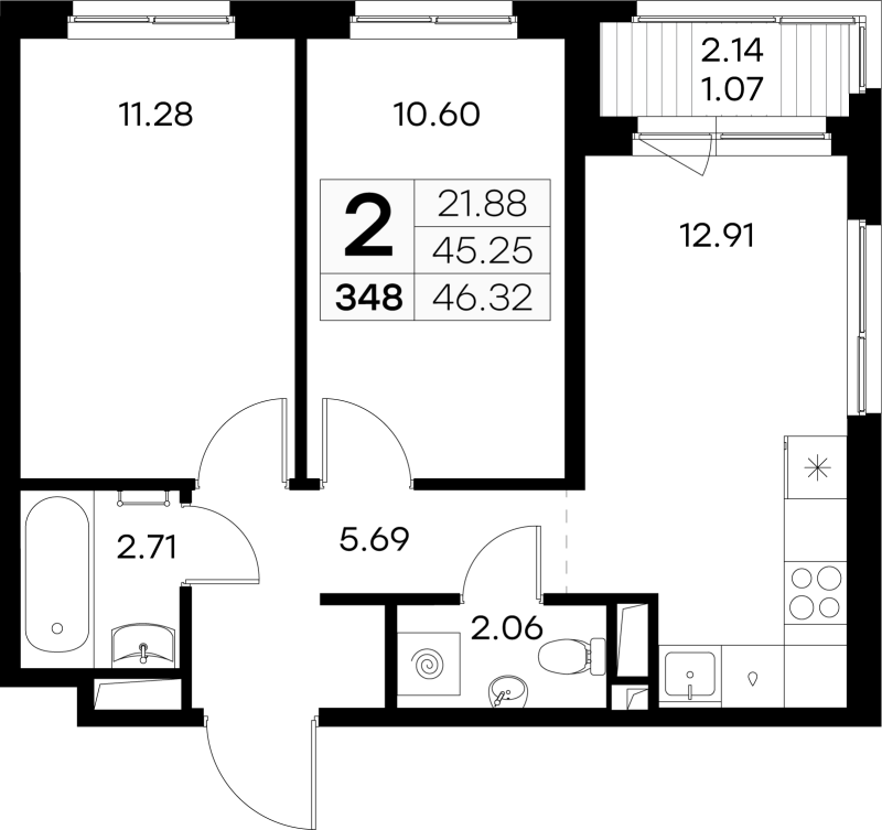 2-комнатная квартира, 46.32 м² в ЖК "GloraX Новоселье" - планировка, фото №1