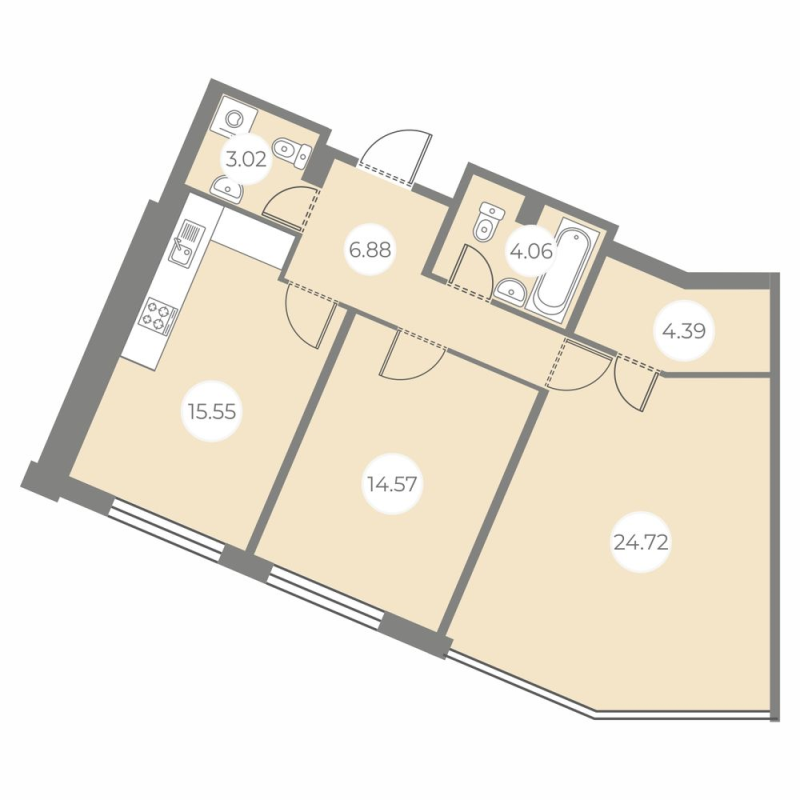 3-комнатная (Евро) квартира, 73.19 м² в ЖК "БФА в Озерках" - планировка, фото №1