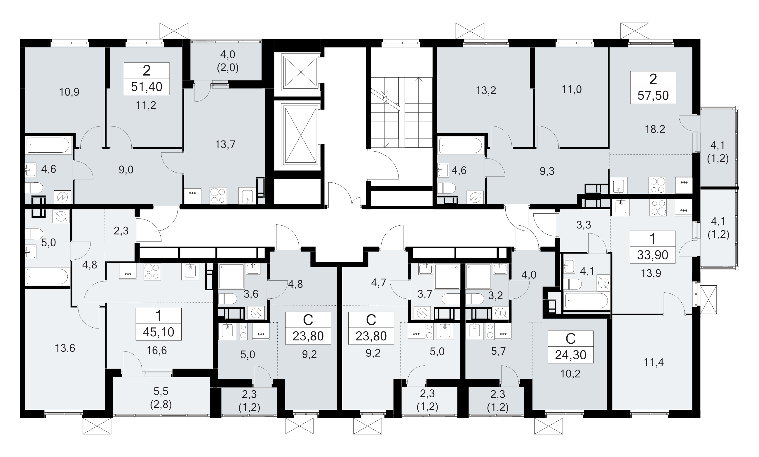 3-комнатная (Евро) квартира, 57.5 м² - планировка этажа
