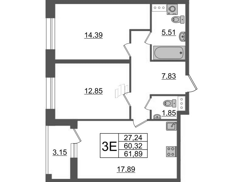 3-комнатная (Евро) квартира, 61.89 м² - планировка, фото №1