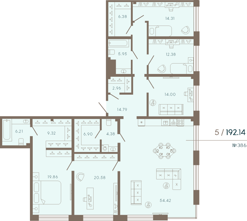 6 ккв (Евро), 192.14 м² в ЖК "17/33 Петровский остров" - планировка, фото №1