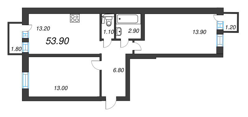 2-комнатная квартира, 51.8 м² в ЖК "Эко Квартал Нега" - планировка, фото №1