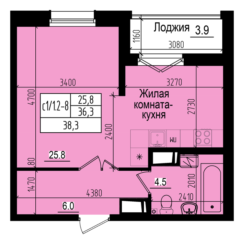 Квартира-студия, 38.3 м² - планировка, фото №1