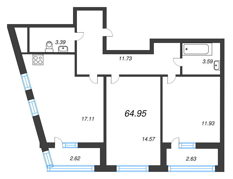 3-комнатная (Евро) квартира, 64.95 м² в ЖК "Морская набережная" - планировка, фото №1