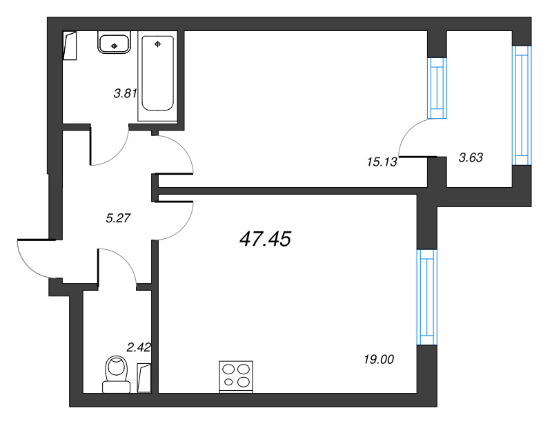 2-комнатная (Евро) квартира, 47.45 м² в ЖК "Кронфорт. Центральный" - планировка, фото №1