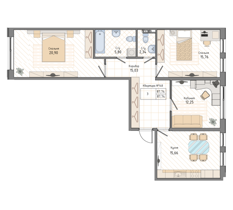 3-комнатная квартира, 87.8 м² - планировка, фото №1